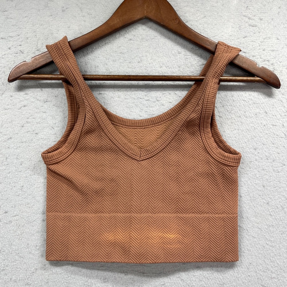 Nikibiki Crop Tank Top Womens One Size Brown Ribbed Chevron Athleisure Gym Yoga